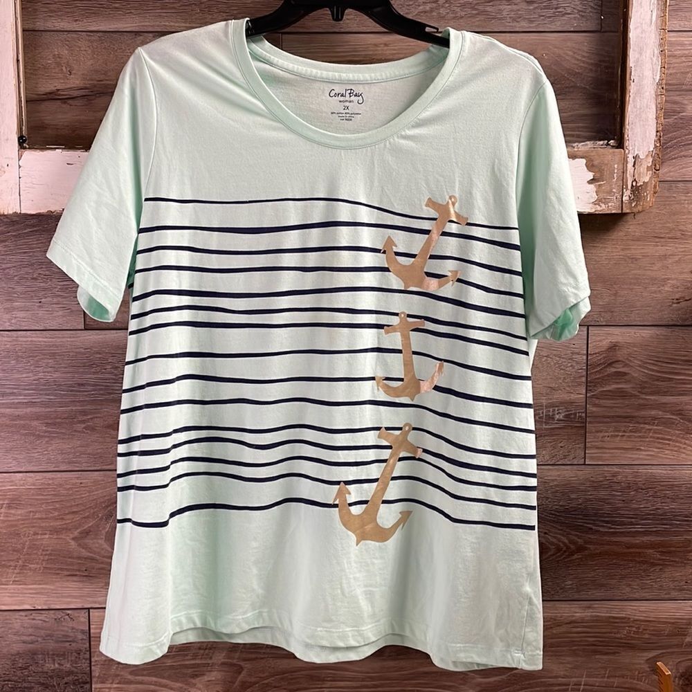 Coral Bay Womens Nautical Top,Size 2X,Mint Green and Navy Blue with Gold Anchors